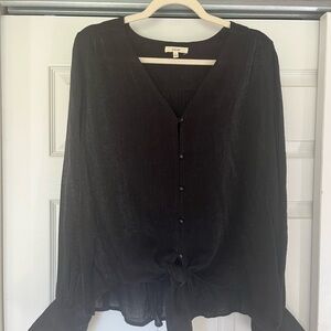 Elegant Black V-Neck Blouse with Tie Front
